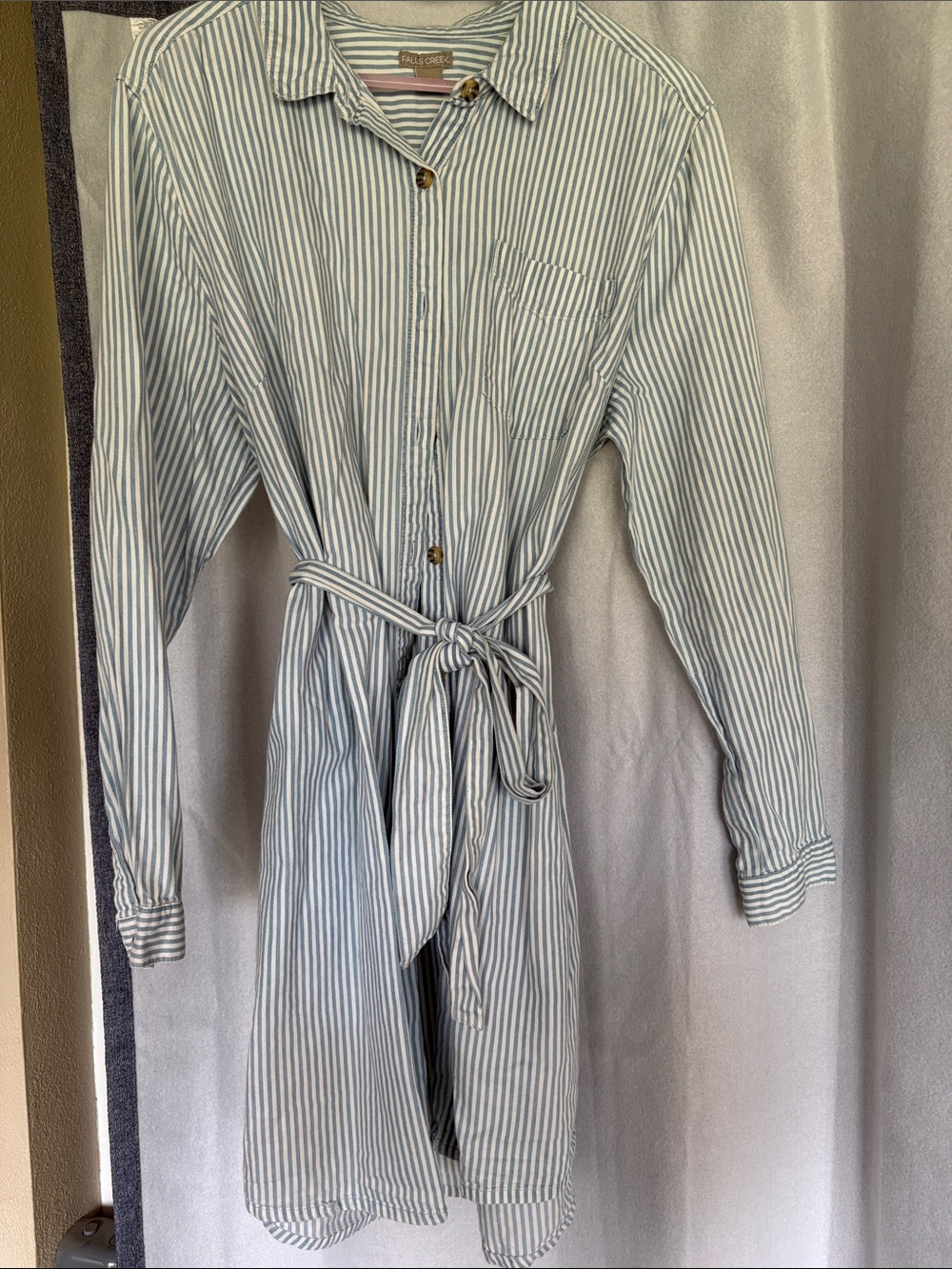 Falls Creek Striped Long Sleeve Shirt Dress in Light Blue and White